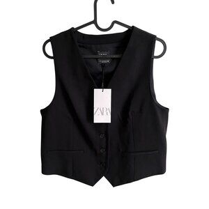 Zara Tailored Buckle Vest – Black, Size M, V-Neck Waistcoat Adjustable Strap NWT